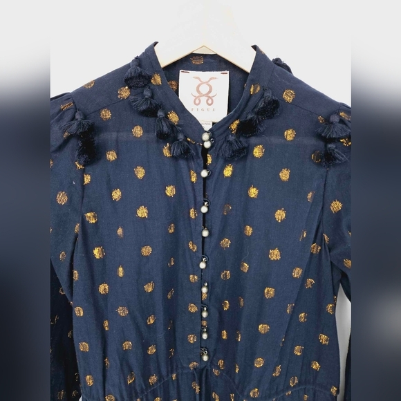 Tuckernuck Figue Emma Blue Gold Polka Dot Cotton Dress Size Small - Picture 9 of 13